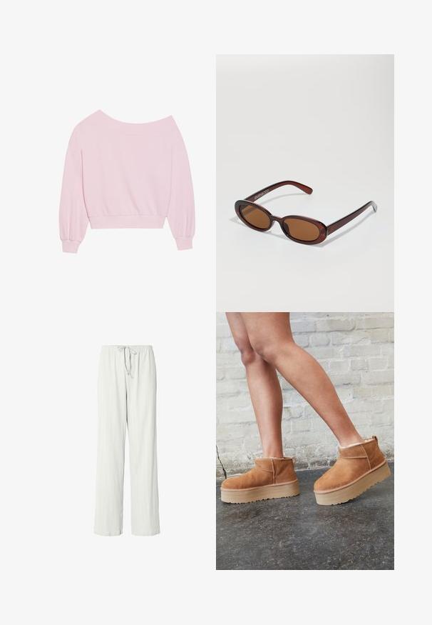 Rosa off-shoulder sweatshirt med lange ballonærmer og en tætsiddende talje. Glat tekstur med ribbede manchetter. Ingen mønstre eller hardware.; Lys grå pyjamabukser med afslappet pasform, ribbet tekstur, elastisk talje og justerbar snøre. Lang model og glat stof.; Brune ruskinds ankelsko med en blød foring, tyk beige plattformsål og en bageste løkke. Tekstureret overflade med synlige sømdetaljer.; Runde, bruntonede solbriller med en glansfuld bordeauxramme. Slanke arme med diskret brandingdetalje. Flad linsedesign.