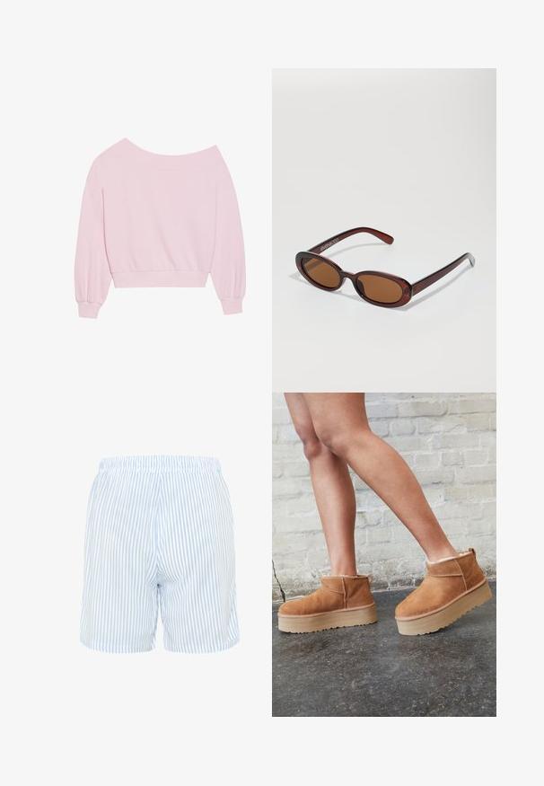 Ružový sveter s odhalenými ramenami, ktorý má dlhé balónové rukávy a priliehavý pás. Hladká textúra s rebrovanými manžetami. Žiadne vzory ani kovové prvky.; Prúžkové šortky v svetlomodrej a bielej farbe, vyrobené z tkaniny. Majú elastický pás a voľný strih, so bočnými vreckami.; Hnedé semišové kotníkové čižmy s mäkkou podšívkou, hrubou béžovou platformou a zadným pútkom na obutie. Textúrovaný povrch s viditeľnými švami.; Okrúhle slnečné okuliare s hnedým nádychom a lesklým burgundským rámom. Úzke ramená s jemným brandovaním. Plochej šošovky dizajn.; Ružová taška na rameno vyrobená z textúrového materiálu, so zvýraznenými dlhými užšími rúčkami a embosovaným logom na prednej strane. Zips na vrchnej strane.