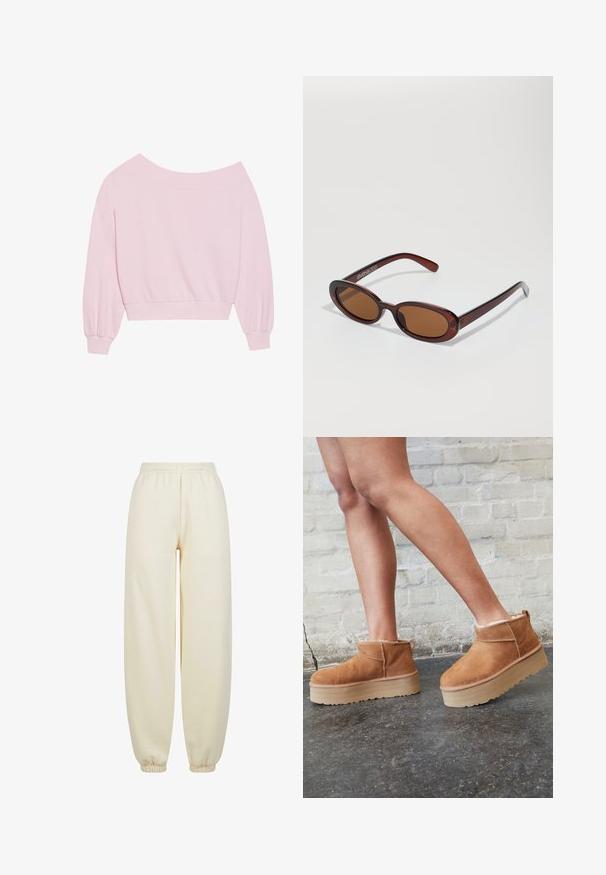 Pink off-the-shoulder sweatshirt featuring long balloon sleeves and a fitted waist. Smooth texture with ribbed cuffs. No patterns or hardware.; Cream-colored jogger pants made of soft fabric, featuring a wide-leg design, elastic waistband, and fitted cuffs at the ankles.; Brown suede ankle boots with a plush lining, thick beige platform sole, and a rear pull tab. Textured surface with visible stitching details.; Round, brown-tinted sunglasses with a glossy burgundy frame. Slim arms with subtle branding detail. Flat lens design.; Pink tote bag made of textured material, featuring two long handles and an embossed logo on the front. Zippered top closure.
