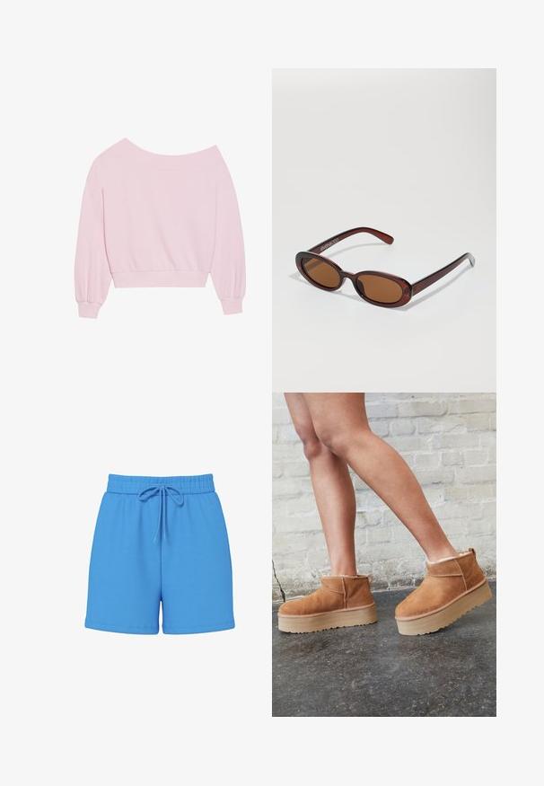 Růžový svetr s odhalenými rameny, dlouhými balónovými rukávy a přiléhavým pasem. Hladký povrch s žebrovanými manžetami. Bez vzorů nebo kování.; Modré bavlněné šortky s elastickým pasem a šňůrkou. Hladká textura, délka nad kolena, bez viditelných vzorů nebo akcentů.; Hnědé semišové kotníkové boty s měkkou podšívkou, silnou béžovou platformou a zadním poutkem. Texturovaný povrch s viditelnými švy.; Kulaté sluneční brýle hnědé barvy s lesklým burgundským rámem. Úzké nožičky s jemným logem. Rovné čočky.; Růžová taška přes rameno vyrobená z texturovaného materiálu, s dvěma dlouhými ušima a vyraženým logem na přední straně. Zapínání na zip.