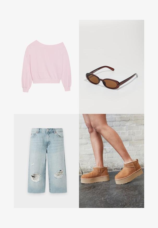 Rozā svītrota džemperis bez plecu piedurknēm ar garām balona piedurknēm un piegulošu jostu. Gluda tekstūra ar ribotām aprocēm. Nav rakstu vai metāla elementu.; Gai zili džinsu šorti ar brīvu piegriezumu, priekšā ar diviem lieliem nolietotiem plēsumiem. Piecas kabatas un redzama metāla pogu aizdare.; Brūni zamšāda potītes zābaki ar mīkstu oderi, biezu bēša krāsas platformas zoli un aizmugurē esošu cilpu. Tekstūrēta virsma ar redzamām šuvēm.; Apaļas, brūnīgi nokrāsotas saulesbrilles ar spīdīgu bordo rāmīti. Šauri kāti ar diskrētu zīmola detaļu. Plakana objektīva dizains.; Rozā iepirkumu soma, kas izgatavota no teksturēta materiāla, ar divām garām rokturiem un iepresētu logo uz priekšpuses. Ar rāvējslēdzēju aizverama augšdaļa.