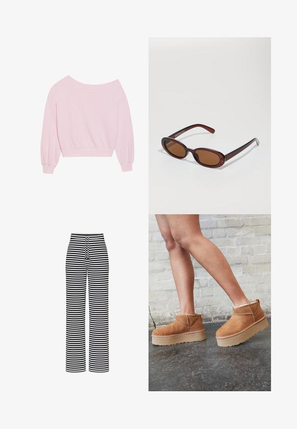 Roze off-the-shoulder sweatshirt met lange ballonmouwen en een aansluitende taille. Gladde textuur met geribbelde manchetten. Geen patronen of hardware.; Pieces PCLAYA MW WIDE  - Broek - bright white; Bruine suède enkelboots met een zachte voering, dikke beige plateauzool en een achterste lus. Getextureerde oppervlakte met zichtbare stiksels.; Ronde, bruin getinte zonnebril met een glanzend bordeauxrood frame. Slanke pootjes met subtiele merkdetails. Vlakke lensontwerp.; Roze draagtas gemaakt van textuurmateriaal, met twee lange handvatten en een opgedrukte logo aan de voorkant. Ritssluiting aan de bovenkant.