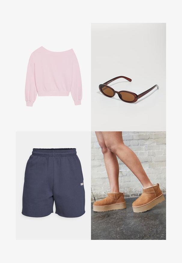 Rožinė megzta palaidinė be pečių, su ilgomis balioninėmis rankovėmis ir prisitaikančiu liemeniu. Lygus paviršius su raštuotais rankogaliais. Be raštų ar metalinių detalių.; Tamsiai mėlynos, elastinga juosta priglundančios šortai, pagaminti iš minkštos medžiagos su lygiu paviršiumi, su nedideliu logotipo ženkleliu šone.; Rudos zomšiniai kulkšniniai batai su minkštu pamušalu, storu smėlio spalvos platforminiu padu ir gale esančia kilpa. Tekstūruotas paviršius su matomais siuvimo detalėmis.; APvalūs, rudos spalvos saulės akiniai su blizgia burgundinės spalvos rėmeliu. Plonos šakutės su subtiliu ženklinimu. Lygus objektyvo dizainas.