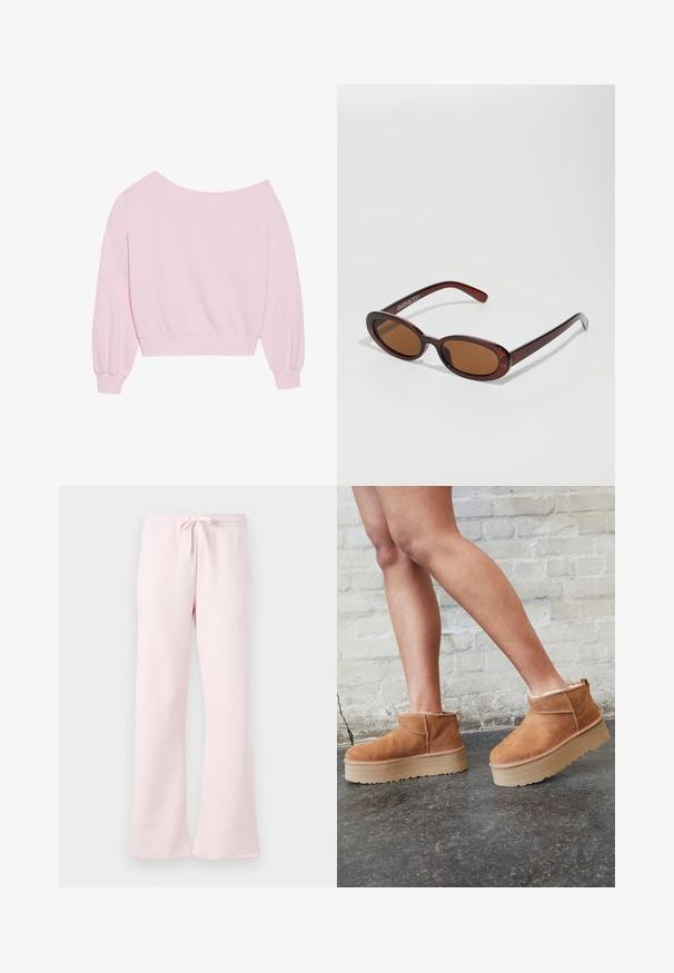 Rozā svītrota džemperis bez plecu piedurknēm ar garām balona piedurknēm un piegulošu jostu. Gluda tekstūra ar ribotām aprocēm. Nav rakstu vai metāla elementu.; Gaiši rozā treniņbikses, kas izgatavotas no mīksta auduma, ar elastīgu jostasvietu un auklu, kā arī ar paplatinātām kājām.; Brūni zamšāda potītes zābaki ar mīkstu oderi, biezu bēša krāsas platformas zoli un aizmugurē esošu cilpu. Tekstūrēta virsma ar redzamām šuvēm.; Apaļas, brūnīgi nokrāsotas saulesbrilles ar spīdīgu bordo rāmīti. Šauri kāti ar diskrētu zīmola detaļu. Plakana objektīva dizains.; Rozā iepirkumu soma, kas izgatavota no teksturēta materiāla, ar divām garām rokturiem un iepresētu logo uz priekšpuses. Ar rāvējslēdzēju aizverama augšdaļa.