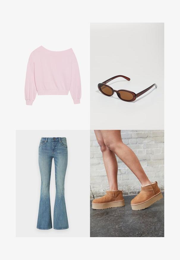 Rosa schulterfreier Pullover mit langen Ballonärmeln und tailliertem Schnitt. Glatte Textur mit gerippten Bündchen. Keine Muster oder Metallelemente.; Helleblaue ausgestellte Jeans aus Denim. Verfügt über einen vorderen Knopfverschluss, fünf Taschen und dezente Ausbleichungen für die Textur.; Braune Wildleder-Stiefeletten mit einem weichen Futter, dicker beige Plateau-Sohle und einer Zuglasche auf der Rückseite. Strukturiert Oberfläche mit sichtbaren Nähdetails.; Runde, braun getönte Sonnenbrillen mit einem glänzenden burgunderfarbenen Rahmen. Schlanke Bügel mit dezentem Branding. Flaches Linsendesign.