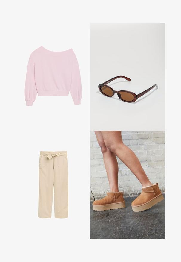 Roosa õlavarraste pealt avatud sweatshirt, millel on pikad balloonvarrukad ja suleline vöökoht. Sile tekstuur ribitud mansettidega. Ilma mustrite ja riistvaraeta.; Bežid laiud püksid tekstureeritud vööga, millel on kaks küljetaskut ja puhas ääre. Valmistatud kerge kangaga mugavuse tagamiseks.; Pruunist seemsest valmistatud pahkluu saapad, millel on pehme vooder, paks beež platvormi konts ja tagumine tõmblukk. Tekstureeritud pind nähtavate õmbluse detailidega.; Ümar, pruunikased päikeseprillid läikiva burgundia raami ja peente kaubamärgi detailidega. Peened sangad ja lame läätsedesain.; Roosa kott, mis on valmistatud tekstuurilisest materjalist, millel on kaks pikka sangat ja esiküljel reljeefne logo. Lukuga pealmine sulgemine.
