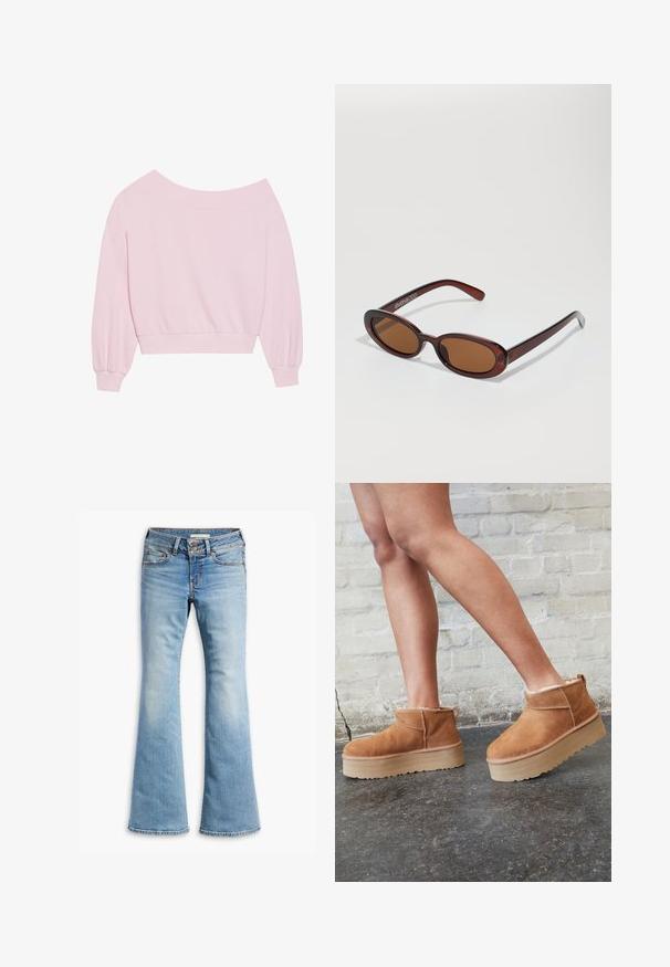 Rozā svītrota džemperis bez plecu piedurknēm ar garām balona piedurknēm un piegulošu jostu. Gluda tekstūra ar ribotām aprocēm. Nav rakstu vai metāla elementu.; Gaiši zili platā kāju džinsi, izgatavoti no denima, ar pogu aizdari, pieciem kabatām un nedaudz izbalējušu izskatu, lai radītu lietotu efektu.; Brūni zamšāda potītes zābaki ar mīkstu oderi, biezu bēša krāsas platformas zoli un aizmugurē esošu cilpu. Tekstūrēta virsma ar redzamām šuvēm.; Apaļas, brūnīgi nokrāsotas saulesbrilles ar spīdīgu bordo rāmīti. Šauri kāti ar diskrētu zīmola detaļu. Plakana objektīva dizains.; Rozā iepirkumu soma, kas izgatavota no teksturēta materiāla, ar divām garām rokturiem un iepresētu logo uz priekšpuses. Ar rāvējslēdzēju aizverama augšdaļa.