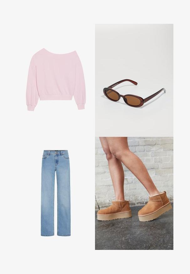 Roosa õlavarraste pealt avatud sweatshirt, millel on pikad balloonvarrukad ja suleline vöökoht. Sile tekstuur ribitud mansettidega. Ilma mustrite ja riistvaraeta.; Heledad sinine, laia säärega teksad, mis on valmistatud denimist. Omab standardset vöökohta, esipokke ja lukuga ees oleva nööpplaguga.; Pruunist seemsest valmistatud pahkluu saapad, millel on pehme vooder, paks beež platvormi konts ja tagumine tõmblukk. Tekstureeritud pind nähtavate õmbluse detailidega.; Ümar, pruunikased päikeseprillid läikiva burgundia raami ja peente kaubamärgi detailidega. Peened sangad ja lame läätsedesain.