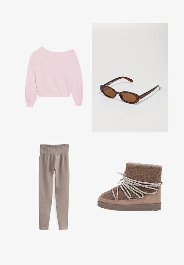 Sweatshirt rose à épaules dénudées avec de longues manches bouffantes et une taille ajustée. Texture lisse avec des poignets côtelés. Sans motifs ni métal.; Leggings beige à côtes avec une large ceinture, des jambes fuselées et une texture lisse, conçues pour le confort et la flexibilité.; Bottine chelsea en shearling brun avec un dessus texturé et un panneau en suède lisse contrastant. Présente un laçage large et motif, ainsi qu'une semelle plate.; Lunettes de soleil rondes teinte brun avec une monture bordeaux brillante. Branches fines avec un détail de marque subtil. Design de verres plats.