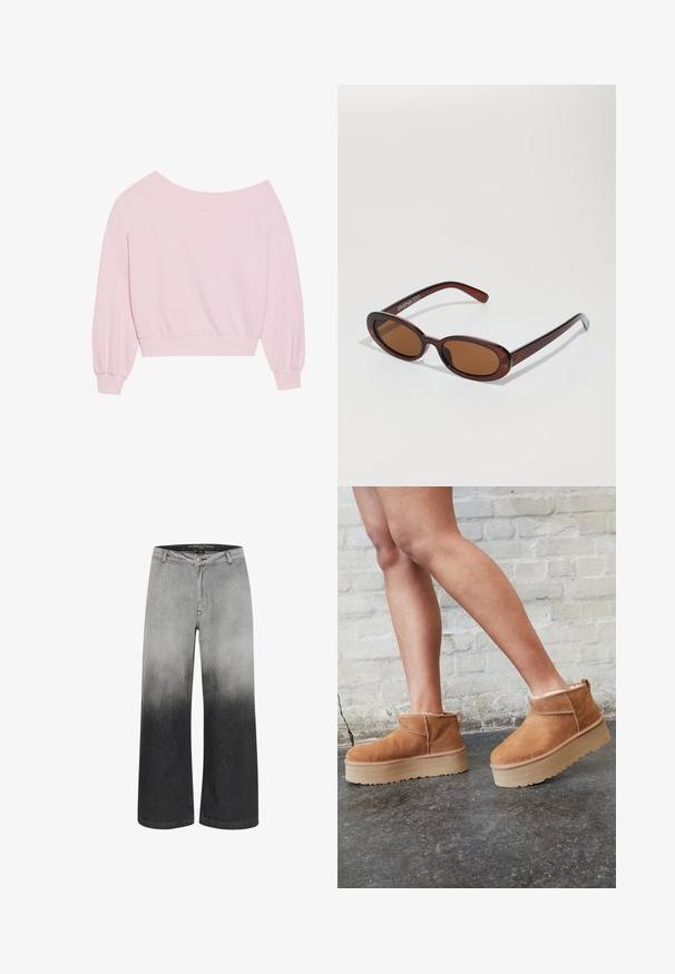 Sweatshirt roz cu umeri goi, având mâneci lungi tip balon și talie ajustată. Textură netedă cu manșete cordonate. Fără modele sau accesorii.; Jeans cu picioare largi, într-un gradient de gri, trecând de la deschis la închis. Fabricate din denim, cu închidere prin buton și design tradițional cu 5 buzunare.; Botine din suede maro, cu căptușeală moale, talpă platformă groasă de culoare bej și sistem de prindere în partea din spate. Suprafață texturată cu detalii de cusătură vizibile.; Ochelari de soare rotunzi, cu nuanțe de brown și cu un cadru lucios de burgund. Brațe subțiri cu detalii subtile de branding. Design cu lentile plate.