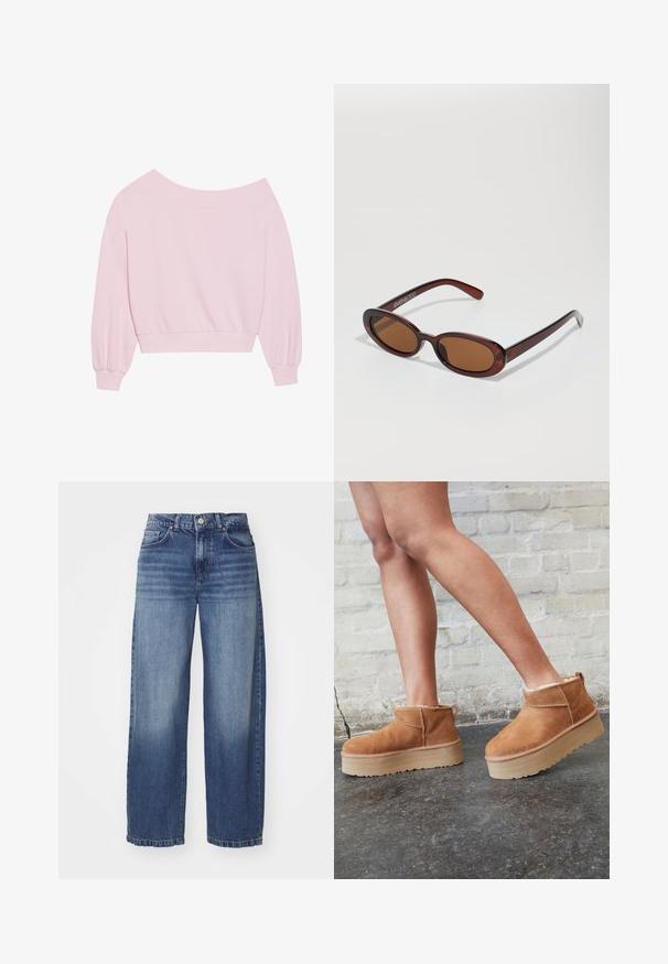 Růžový svetr s odhalenými rameny, dlouhými balónovými rukávy a přiléhavým pasem. Hladký povrch s žebrovanými manžetami. Bez vzorů nebo kování.; Džínové kalhoty s širokými nohavicemi v středně modré barvě. Mají pět kapes, kontrastní švy a zapínání na knoflíky. Měkká textura s třepeným lemem.; Hnědé semišové kotníkové boty s měkkou podšívkou, silnou béžovou platformou a zadním poutkem. Texturovaný povrch s viditelnými švy.; Kulaté sluneční brýle hnědé barvy s lesklým burgundským rámem. Úzké nožičky s jemným logem. Rovné čočky.; Růžová taška přes rameno vyrobená z texturovaného materiálu, s dvěma dlouhými ušima a vyraženým logem na přední straně. Zapínání na zip.