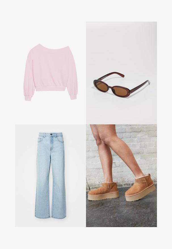 Sweatshirt rosa off-the-shoulder com mangas longas tipo balão e cintura ajustada. Textura suave com punhos canelados. Sem padrões ou acessórios.; Jeans de cintura alta, em azul claro, com um design de perna larga. Feitos de denim, apresentam bolsos frontais e fecho de botão. Textura suave.; Botas de cano baixo em camurça castanha com um forro felpudo, sola de plataforma espessa em bege e puxador na parte de trás. Superfície texturizada com detalhes de costura visíveis.; Óculos de sol redondos, com uma tonalidade castanha e uma armação glossy em bordeaux. Braços finos com um detalhe discreto de marca. Design de lentes planas.; Saco tote rosa feito de material texturizado, com duas alças longas e um logótipo estampado na frente. Fecho superior com zíper.
