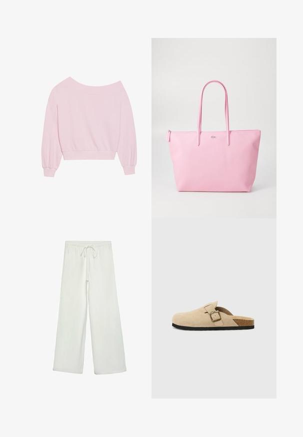 Pink off-the-shoulder sweatshirt featuring long balloon sleeves and a fitted waist. Smooth texture with ribbed cuffs. No patterns or hardware.; White wide-leg pants made of soft fabric. Features an elastic waistband with a drawstring and a smooth texture. No visible patterns or hardware.; Beige suede slide-on clogs with a cork footbed, rounded toe, and a simple strap featuring a gold-tone buckle. Rubber sole for grip.; Pink tote bag made of textured material, featuring two long handles and an embossed logo on the front. Zippered top closure.