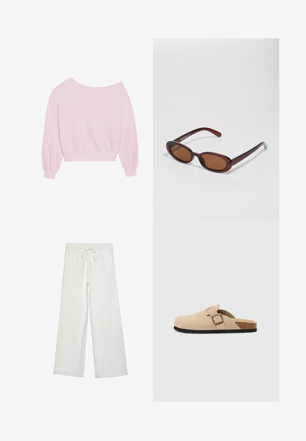 Pink off-the-shoulder sweatshirt featuring long balloon sleeves and a fitted waist. Smooth texture with ribbed cuffs. No patterns or hardware.; White wide-leg pants made of soft fabric. Features an elastic waistband with a drawstring and a smooth texture. No visible patterns or hardware.; Beige suede slide-on clogs with a cork footbed, rounded toe, and a simple strap featuring a gold-tone buckle. Rubber sole for grip.; Round, brown-tinted sunglasses with a glossy burgundy frame. Slim arms with subtle branding detail. Flat lens design.