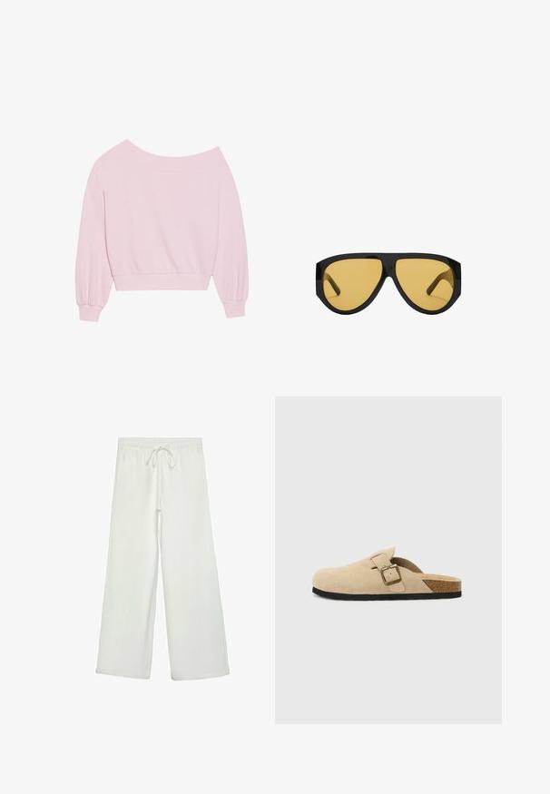 Różowy sweter typu off-the-shoulder z długimi rękawami typu balon oraz dopasowaną talią. Gładka tekstura z prążkowanymi mankietami. Bez wzorów ani metalowych elementów.; Białe spodnie o szerokich nogawkach wykonane z miękkiego materiału. Posiadają elastyczny pas ze sznurkiem i gładką teksturę. Brak widocznych wzorów lub elementów metalowych.; Beżowe zamszowe klapki z korkową wkładką, zaokrąglonym noskiem i prostym paskiem z złotym zapięciem. Gumowa podeszwa zapewniająca przyczepność.; Okulary przeciwsłoneczne z elegancką, czarną plastikową oprawką i żółtymi soczewkami, o wyraźnym kanciastym kształcie i szerokich zausznikach dla dodatkowej ochrony.