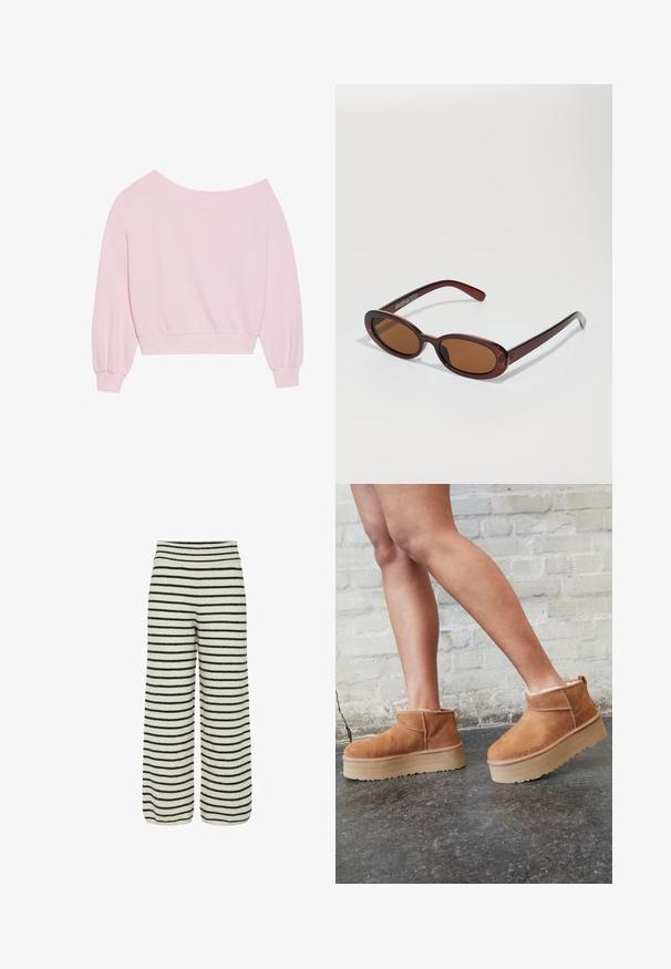 Rožinė megzta palaidinė be pečių, su ilgomis balioninėmis rankovėmis ir prisitaikančiu liemeniu. Lygus paviršius su raštuotais rankogaliais. Be raštų ar metalinių detalių.; Dryžuoti plačiakelniai vartai kremiškoje ir juodoje spalvose. Pagaminti iš minkštos medžiagos, su horizontaliais dryžiais ir glaustu liemeniu, užtikrinančiu komfortą.; Rudos zomšiniai kulkšniniai batai su minkštu pamušalu, storu smėlio spalvos platforminiu padu ir gale esančia kilpa. Tekstūruotas paviršius su matomais siuvimo detalėmis.; APvalūs, rudos spalvos saulės akiniai su blizgia burgundinės spalvos rėmeliu. Plonos šakutės su subtiliu ženklinimu. Lygus objektyvo dizainas.; Rožinė naujoviška rankinė, pagaminta iš tekstūruoto medžiagos, su dviem ilgomis rankenomis ir reljefiniu logotipu priekyje. Uždarymas su užtrauktuku viršuje.