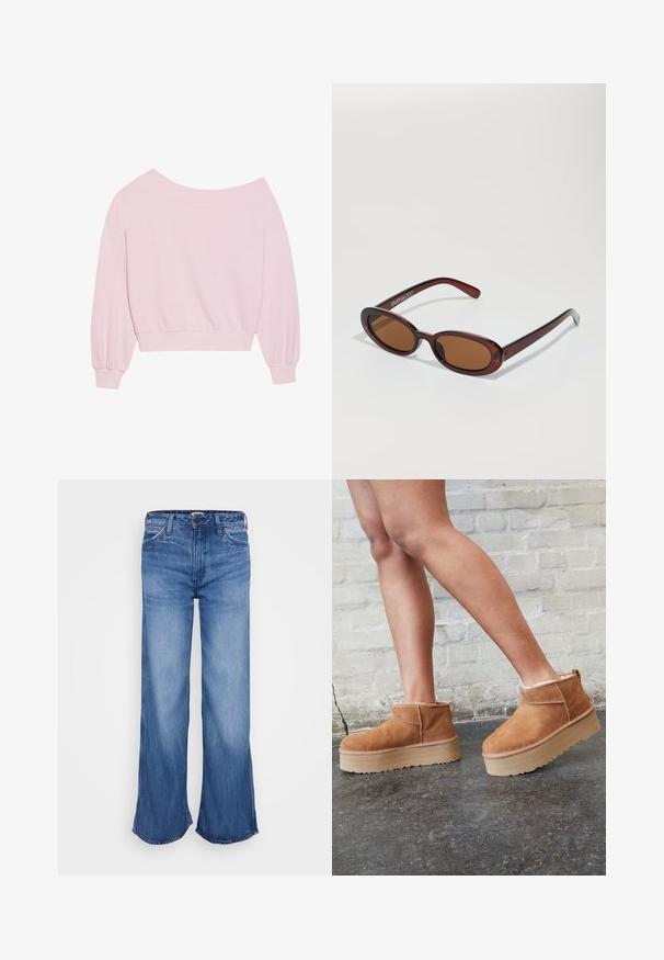 Roze off-the-shoulder sweatshirt met lange ballonmouwen en een aansluitende taille. Gladde textuur met geribbelde manchetten. Geen patronen of hardware.; Lichtblauwe denim wijde pijpen jeans met een hoge taille en ruwe zoom. Beschikt over vijf zakken, riemlussen en subtiele vervaging op de stof.; Bruine suède enkelboots met een zachte voering, dikke beige plateauzool en een achterste lus. Getextureerde oppervlakte met zichtbare stiksels.; Ronde, bruin getinte zonnebril met een glanzend bordeauxrood frame. Slanke pootjes met subtiele merkdetails. Vlakke lensontwerp.; Roze draagtas gemaakt van textuurmateriaal, met twee lange handvatten en een opgedrukte logo aan de voorkant. Ritssluiting aan de bovenkant.