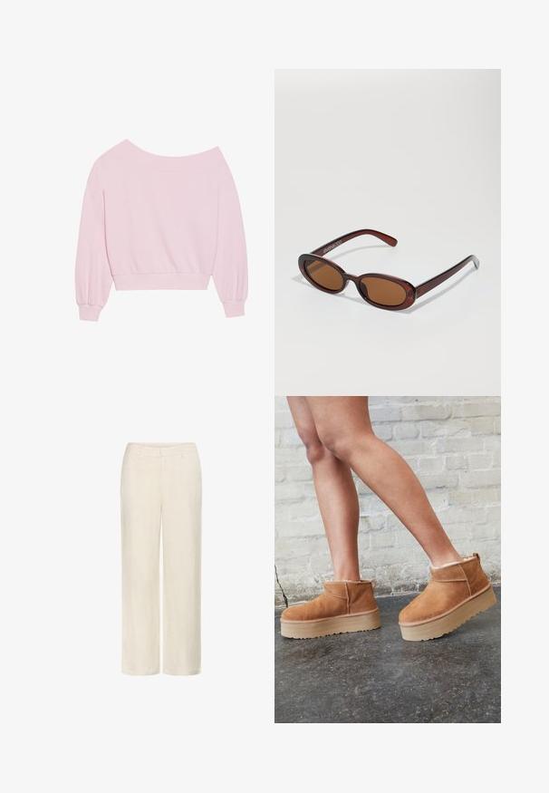 Pink off-the-shoulder sweatshirt featuring long balloon sleeves and a fitted waist. Smooth texture with ribbed cuffs. No patterns or hardware.; Linen trousers in off-white, featuring a straight leg design, side pockets, and a smooth texture with a subtle weave pattern.; Brown suede ankle boots with a plush lining, thick beige platform sole, and a rear pull tab. Textured surface with visible stitching details.; Round, brown-tinted sunglasses with a glossy burgundy frame. Slim arms with subtle branding detail. Flat lens design.; Pink tote bag made of textured material, featuring two long handles and an embossed logo on the front. Zippered top closure.