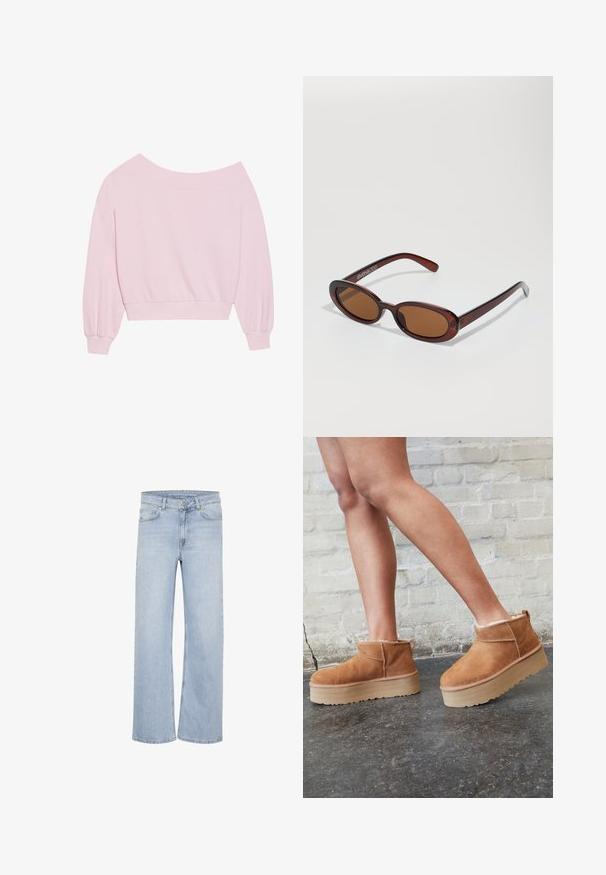 Ružičasti dukserica bez ramena s dugim balonskim rukavima i uskim pojasom. Glatka tekstura s rebrastim manžetama. Bez uzoraka ili dodataka.; Svijetloplave široke traperice izrađene od denima. Sadrže petlje za remen, dizajn s pet džepova i šivane detalje duž šava.; Smeđi antilop čizmi do gležnja s mekanim postavljanjem, debljim bež platformski potplat i stražnjim povlačnim trakama. Teksturirana površina s vidljivim šavovima.; Okvir okruglih, smeđkastih sunčanih naočala s sjajnim burgundskim okvirom. Uski nositelji s suptilnim brendiranjem. Ravna leća.