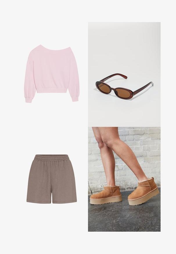 Vaaleanpunainen olalta paljastava huppari, jossa on pitkät pallosleevesit ja kapea vyötärö. Sileä pinta ribatulla hihansuulla. Ei kuvioita tai varusteita.; Ruskeat, teksturoidut shortsit, joissa on joustava vyötärö. Ominaisuuksia ovat rento istuvuus ja yksinkertainen rakenne, sopii arkikäyttöön.; Ruske mokasine do gležnja od nubuk kože s mekim podstavom, debelim bež platformama i stražnjim držačem. Teksturirana površina s vidljivim detaljima šavova.; Pyöreät, ruskehtavat aurinkolasit, joissa on kiiltävä burgundinpunainen runko. Kapeat sivut, joissa on hienovarainen brändäys. Litteät linssit.; Casio kvartsikellolla on suorakulmainen hopea-taulu, jossa on kultaisia yksityiskohtia, sekä kaksivärinen metalliranneke, joka on hopea- ja kultasävyinen. Vesi- ja kosteudenkestävä ominaisuus.