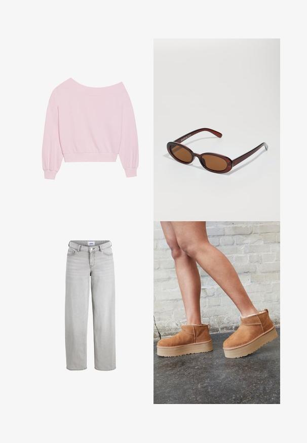 Ružičasti dukserica bez ramena s dugim balonskim rukavima i uskim pojasom. Glatka tekstura s rebrastim manžetama. Bez uzoraka ili dodataka.; Svijetlosive traperice s opuštenim krojem, ravnim nogavicama i srednjim strukom. Imaju petlje za pojas, kopčanje na dugme i standardne džepove.; Smeđi antilop čizmi do gležnja s mekanim postavljanjem, debljim bež platformski potplat i stražnjim povlačnim trakama. Teksturirana površina s vidljivim šavovima.; Okvir okruglih, smeđkastih sunčanih naočala s sjajnim burgundskim okvirom. Uski nositelji s suptilnim brendiranjem. Ravna leća.