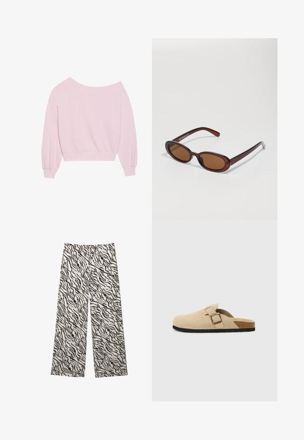 Ružový sveter s odhalenými ramenami, ktorý má dlhé balónové rukávy a priliehavý pás. Hladká textúra s rebrovanými manžetami. Žiadne vzory ani kovové prvky.; Široké nohavice z ľahkej látky s čierno-bielym pruhovaným vzorom inšpirovaným tigrom. Elastický pás s detailom šnúrky na zaväzovanie.; Bežové semišové clogs na klinoch so korkovou stielkou, zaoblenou špičkou a jednoduchým remienkom so zlatým sponou. Gumová podrážka pre lepšiu priľnavosť.; Okrúhle slnečné okuliare s hnedým nádychom a lesklým burgundským rámom. Úzke ramená s jemným brandovaním. Plochej šošovky dizajn.; Ružová taška na rameno vyrobená z textúrového materiálu, so zvýraznenými dlhými užšími rúčkami a embosovaným logom na prednej strane. Zips na vrchnej strane.