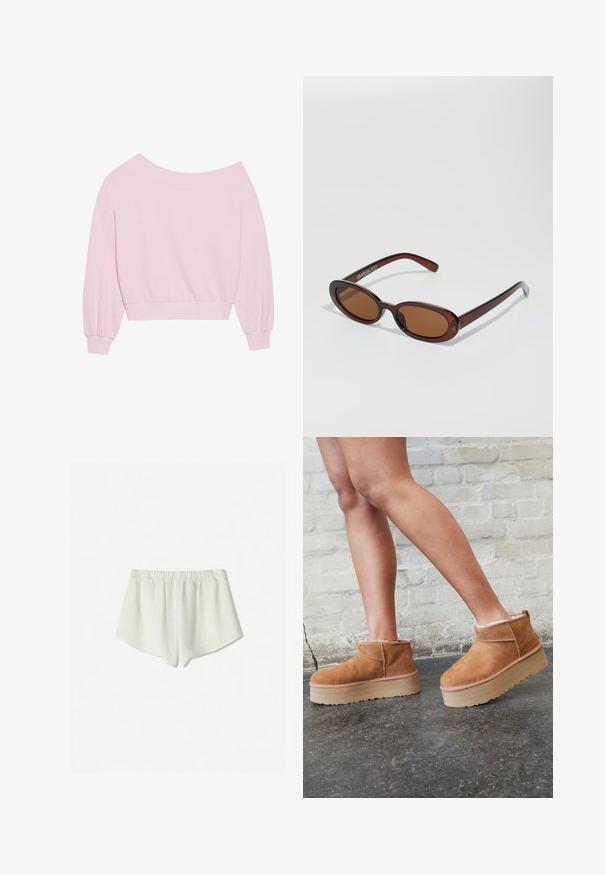 Rosa schulterfreier Pullover mit langen Ballonärmeln und tailliertem Schnitt. Glatte Textur mit gerippten Bündchen. Keine Muster oder Metallelemente.; Weiße Leinenshorts mit einem elastischen Bund, die eine lockere Passform und einen leicht abgerundeten Saum an den unteren Kanten aufweisen. Weicher, atmungsaktiver Stoff.; Braune Wildleder-Stiefeletten mit einem weichen Futter, dicker beige Plateau-Sohle und einer Zuglasche auf der Rückseite. Strukturiert Oberfläche mit sichtbaren Nähdetails.; Runde, braun getönte Sonnenbrillen mit einem glänzenden burgunderfarbenen Rahmen. Schlanke Bügel mit dezentem Branding. Flaches Linsendesign.