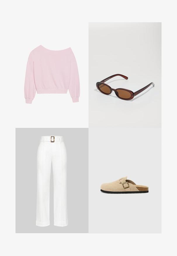 Sudadera rosa off-the-shoulder con mangas globo largas y cintura ajustada. Textura suave con puños acanalados. Sin patrones ni herrajes.; Pantalones anchos blancos con cintura con cinturón, que presentan detalles de costura y puños doblados, confeccionados en una tela suave.; Zuecos de ante beige sin talón con plantilla de corcho, punta redondeada y una correa sencilla con un hebilla en tono dorado. Suela de goma para mayor agarre.; Gafas de sol redondas con tinte marrón y un marco burdeos brillante. Patillas delgadas con un sutil detalle de marca. Diseño de lentes planos.