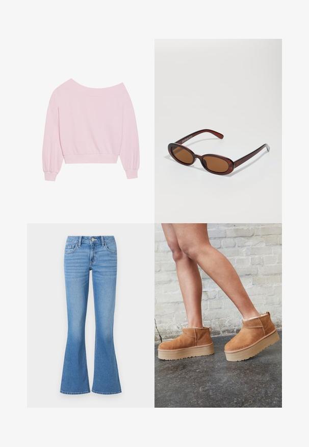 Ροζ φούτερ χωρίς ώμους με μακριές μπαλόνι μανίκες και εφαρμοστή μέση. Λείο υλικό με ριχτές μανσέτες. Χωρίς σχέδια ή μεταλλικές λεπτομέρειες.; Ανοιχτό μπλε τζιν παντελόνι σε φαρδιά γραμμή, φτιαγμένο από τζιν ύφασμα. Διαθέτει μεσαία μέση, μπροστινές τσέπες και κουμπί κλεισίματος. Η υφή είναι ομαλή με ελαφριά φθορά.; Καφέ σουέτ μποτάκια μέχρι τον αστράγαλο με πλούσια επένδυση, παχύ μπεζ πλατφόρμα και πίσω λαβή. Υφασμάτινη επιφάνεια με ορατές λεπτομέρειες ραφής.; Στρογγυλά, καφέ-χρωματιστά γυαλιά ηλίου με γυαλιστερή μπορντώ σκελετό. Λεπτά πόδια με διακριτική λεπτομέρεια λογότυπου. Σχεδίαση επίπεδου φακού.; Ροζ τσάντα ώμου κατασκευασμένη από υλικό με υφή, διαθέτοντας δύο μακριές λαβές και ανάγλυφο λογότυπο μπροστά. Κλείσιμο με φερμουάρ στην κορυφή.