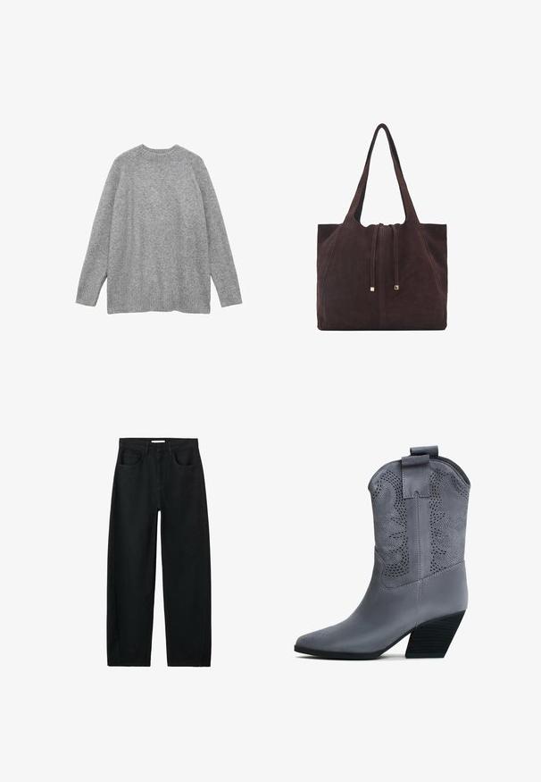 Maglione grigio lavorato a maglia, realizzato in materiale morbido, con un classico scollo a girocollo, maniche lunghe e polsini e orlo a costine.; Jeans neri a vita alta, gamba dritta, con tasche frontali, passanti per cintura e cuciture visibili su sfondo bianco.; Stivale cowboy in ecopelle grigia con punta appuntita, ritagli decorativi e tacco impilato. Presenta un manico per facilitarne l'indossamento.; Mango Shopping bag - dark brown