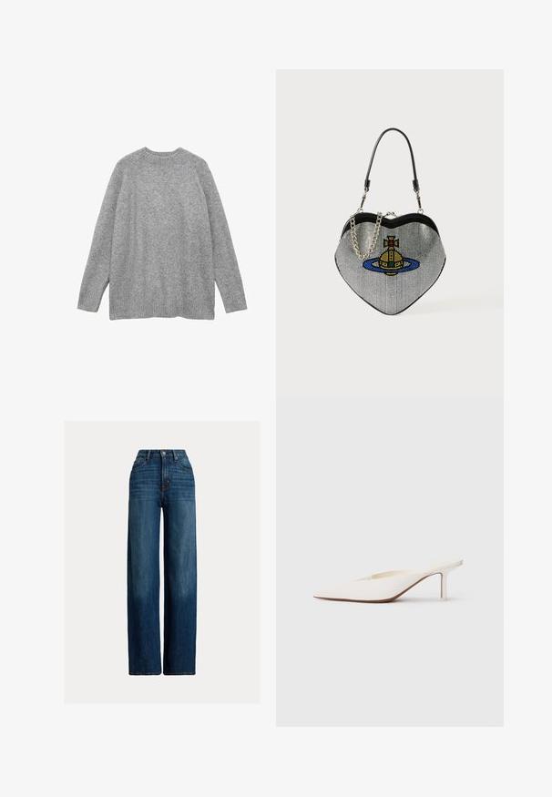 Grauer Strickpullover aus weichem Material, mit klassischem Rundhalsausschnitt, langen Ärmeln und gerippten Bündchen sowie Saum.; Weite Jeans aus Denim in Dunkelblau. Mit hoher Taille, Knopfverschluss und klassischem Fünf-Taschen-Design. Glatte Textur mit feinen Auswaschungen.; Weißer Mule mit spitzem Zehenbereich und niedrigem Stiletto-Absatz. Hergestellt aus glattem Material mit minimalistischen Design und dezenten, tanfarbenen Sohlenakzenten.; Herzförmige Handtasche aus Netzmaterial mit metallischem Finish, ausgestattet mit einem Katzen- und Planetendesign in Blau, Gelb und Rot. Inklusive Kettenriemen.