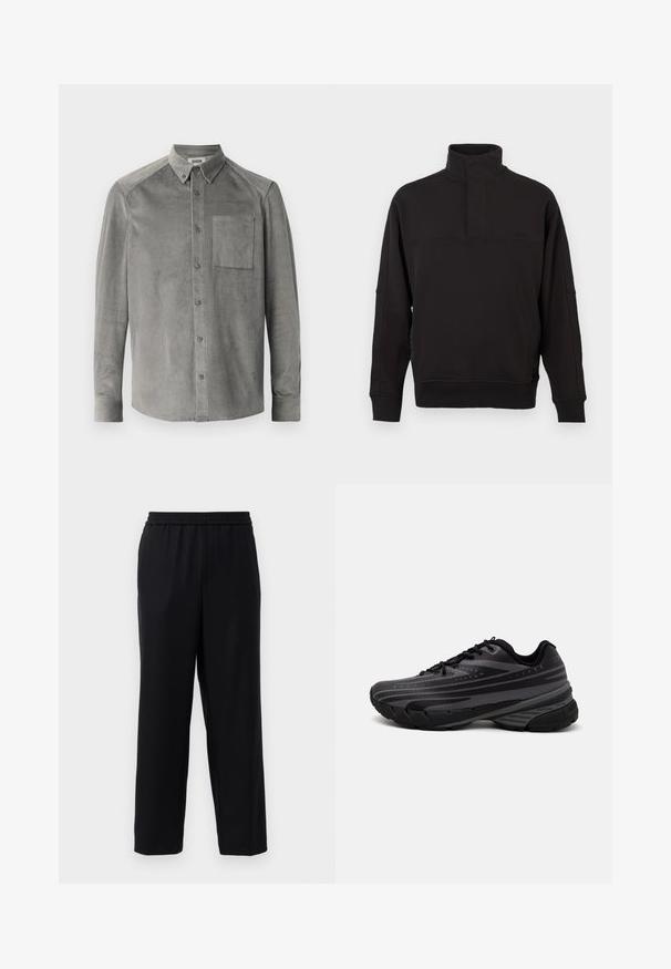 Pulover negru dintr-un amestec moale de bumbac, cu guler înalt și închidere cu buton, mansete ribbate și o croială lejeră.; Cămașă din corduroy gri cu mânecă lungă, dotată cu un buzunar frontal, guler cu nasturi și textură verticală din nervuri; Croială standard cu închidere cu nasturi.; Pantaloni negri cu talie elastică, design cu picior drept și un material neted, ușor. Fără buzunare vizibile sau modele.; Pantof de alergare negru cu un superior texturat, având dungi gri. Talpă groasă pentru amortizare, vârf rotund și șireturi plate pentru o potrivire sigură.