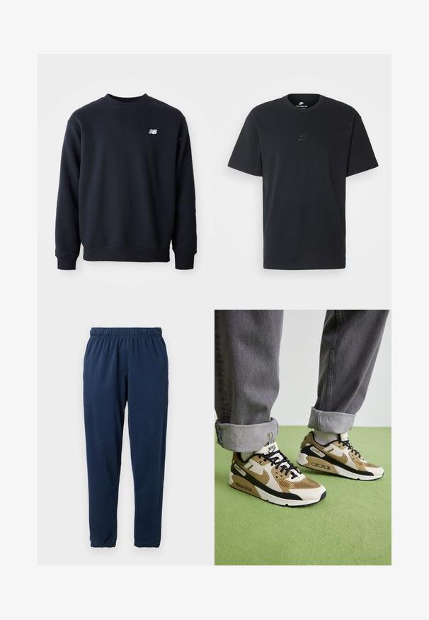 Sweatshirt bleumarin dintr-un amestec de bumbac, cu guler rotund, mâneci lungi și un mic logo alb New Balance pe piept.; Tricou din bumbac negru Nike, cu guler rotund clasic, mâneci scurte și un logo subtil embosat pe piept. Textură netedă.; Pantaloni de trening bleu închis, dintr-un material moale, având o talie elastică și picioare conice cu manșete elastice. Fără modele sau accente vizibile.; Adidașii Nike Air Max 90, în nuanțe de bej și negru, sunt realizați din materiale din plasă și piele, cu amortizare vizibilă și șireturi negre.