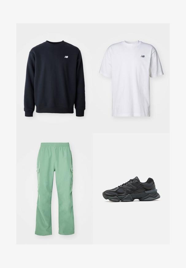 Sudadera azul marino confeccionada en tejido de mezcla de algodón, con cuello redondo, mangas largas y un pequeño logo blanco de New Balance en el pecho.; Camiseta blanca de manga corta con cuello redondo y un pequeño logo negro de New Balance en el lado izquierdo del pecho, sobre un fondo simple.; Pantalones cargo verde claro con cintura elástica, elaborados en una tela suave, que cuentan con dos bolsillos laterales y un corte recto.; Zapatilla de running negra que presenta una combinación de malla y materiales sintéticos, suela gruesa, diseño curvado y una marca prominente en el costado.