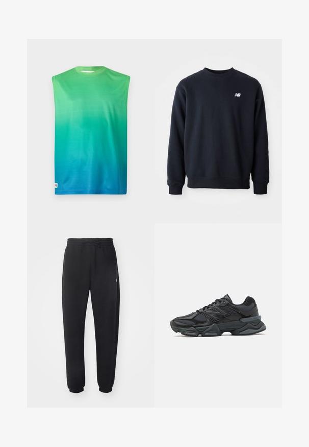 Tamsiai mėlyna džemperis, pagamintas iš medvilnės ir sintetikos mišinio, su apvalia kaklo išpjova, ilgomis rankovėmis ir mažuoju balto New Balance logotipu ant krūtinės.; Bežis rankovių marškinėliai su gradientinėmis žalios ir mėlynos spalvų atspalviais. Pagaminti iš glotnaus audinio, turi apvalų iškirpimą ir jokio matomo metalinio apdailos.; Juodi sportiniai kelniai, pagaminti iš minkštos medžiagos, su elastinga juosmena, raišteliu ir siaurėjantys ties apačia, su subtiliu logotipu šone.; Juodas bėgimo batelis, pagamintas iš tinklinės ir sintetinės medžiagos, turintis stambų pado dizainą, kreivą formą ir ryškią prekės ženklą šone.
