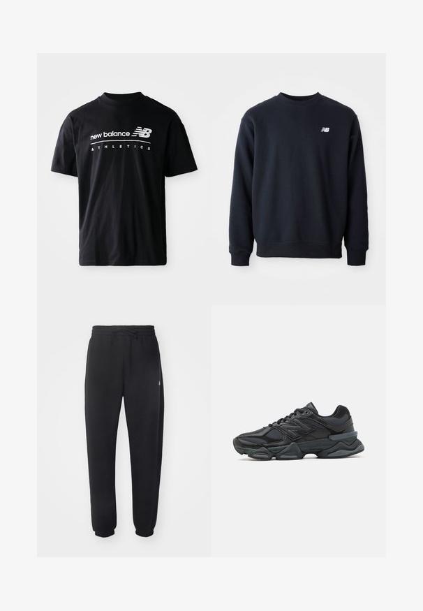 Mørkeblå hettegenser laget av en bomullsblandingsstoff, med rund hals, lange ermer og en liten hvit New Balance-logo på brystet.; Svart bomull T-skjorte med rund hals, korte ermer og hvite tekstgrafikker "new balance" og "ATHLETICS" på fronten.; Sorte joggebukser laget av mykt materiale med elastisk midje, snor og smale mansjetter, med en diskret logo på siden.; Svart løpesko med en blanding av mesh og syntetiske materialer, chunky såle, buet design og fremtredende merkevare på siden.