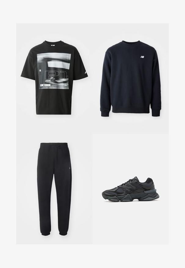 Sweatshirt azul-marinho feito de uma mistura de algodão, com decote redondo, mangas longas e um pequeno logo branco da New Balance no peito.; T-shirt preta em algodão com uma impressão gráfica que inclui elementos de texto, como "FORMULA 1 RACING" e "P1". Gola redonda e mangas curtas.; Calças de treino pretas feitas de material suave, com cintura elástica, cordão e punhos ajustados, apresentando um logótipo discreto na lateral.; Sapato de corrida preto com uma combinação de malha e materiais sintéticos, sola robusta, design curvado e uma marca de destaque na lateral.