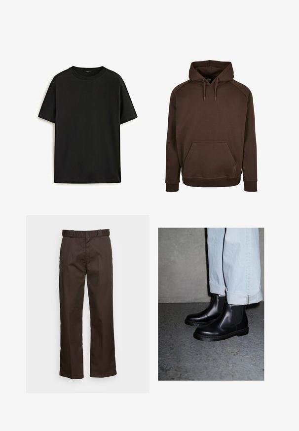 Brun hættebluse lavet af blødt materiale, med en frontlomme, ribbede nærme og kant. Glat tekstur med justerbare snore.; Sort bomulds T-shirt med klassisk rund hals, korte ærmer og afslappet pasform. Glat tekstur, ingen mønstre eller udsmykninger.; Brune bukser med lige ben, der har en flad front, bæltesløjfer og en glat overflade. Simpelt design uden mønstre eller detaljer.; Sorte læder Chelsea støvler med elastiske sidepaneler og en struktureret gummisål, parret med lyseblå opfoldede denim jeans.