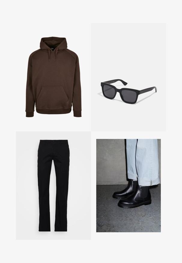 Felpa con cappuccio marrone realizzata in morbido tessuto, dotata di tasca frontale, polsini e orlo a costine. Texture liscia con cordoncini regolabili.; Pantaloni neri a gamba dritta in tessuto di cotone, con chiusura a bottone, passanti per cintura e design semplice senza ulteriori motivi o accessori.; Stivaletti Chelsea in pelle nera con pannelli laterali elasticizzati e suola in gomma testurizzata, abbinati a jeans in denim blu chiaro con risvolto.; Gucci Occhiali da sole - black/smoke