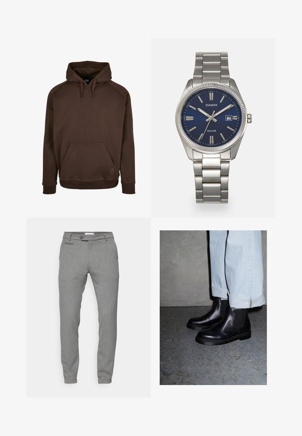 Brązowa bluza z kapturem, wykonana z miękkiego materiału, z przednią kieszenią, ściągaczami przy mankietach i u dołu. Gładka faktura z regulowanymi sznurkami.; Szare spodnie z teksturowanej, tkanej tkaniny; dopasowany krój; pięć kieszeni; zapięcie na guzik; zwężane nogawki; subtelny wzór.; Czarne skórzane botki Chelsea z elastycznymi panelami po bokach i teksturowaną gumową podeszwą, zestawione z jasnoniebieskimi jeansami z mankietami.; Srebrny zegarek na stalowej bransolecie z niebieską tarczą, metalowymi indeksami godzinowymi oraz okienkiem daty na godzinie 3. Wodoodporny do 50 metrów.