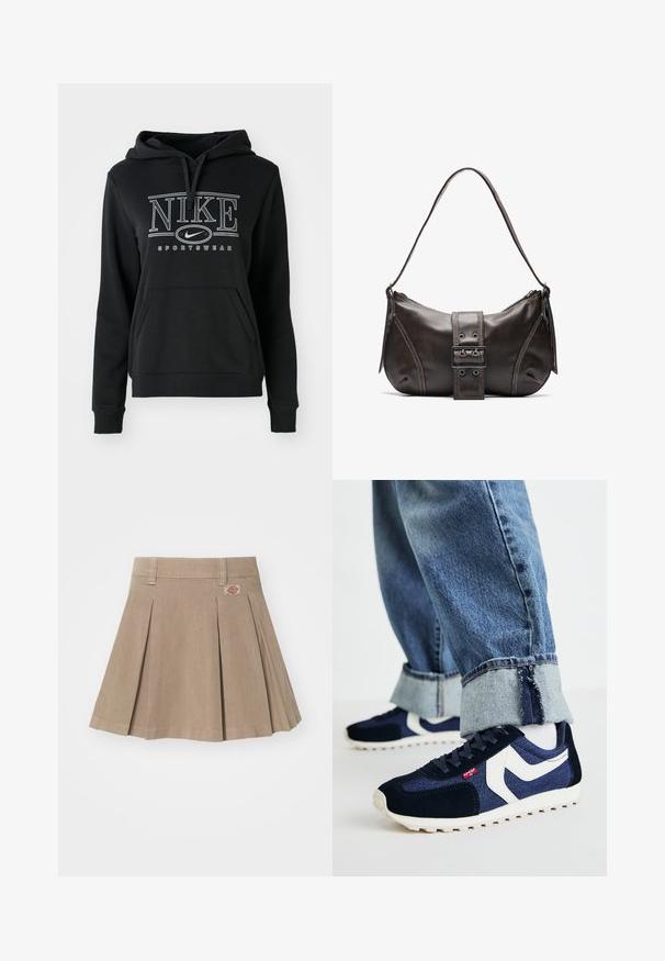 Must kastanihk Nikei pusakas, millel on narmapaar, eesmine kengurupokk ja julge valge logo koos tekstiga "SPORTSWEAR". Pehme kangas.; Beez värvi volditud seelik, mis on valmistatud tekstureeritud kangast. Omab vöökohta koos vööaasadega ja logotaskut vasakul ees.; Levi's® STRYDER RED TAB - Tossud - navy blue; Pruunist nahast õlakott kumerate joontega, millel on silmapaistev pandla detail, kontrastne õmblus ja üks õlavarre rihm.