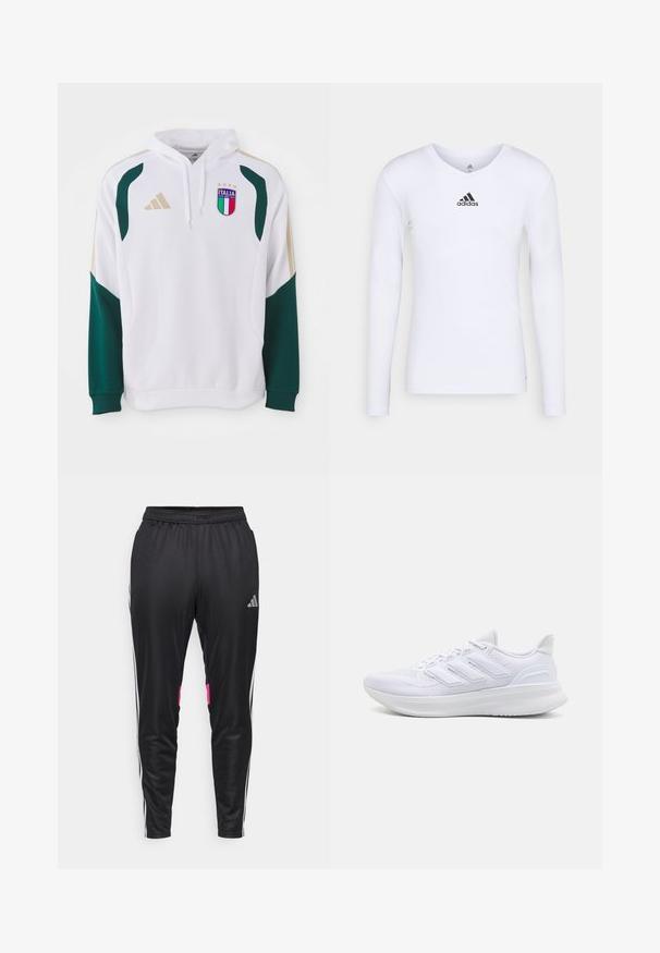 White hoodie with green and gold accents, featuring ribbed sleeves, a kangaroo pocket, and an "Italia" crest on the chest.; Long-sleeve white athletic shirt made of smooth material featuring a black Adidas logo at the chest; V-neck design and fitted shape.; Black athletic pants made of smooth polyester, featuring white side stripes, pink accents on pockets, and an elastic waistband.; White athletic shoes featuring a textured mesh upper, supportive cushioned sole, and three stripe design on the side.