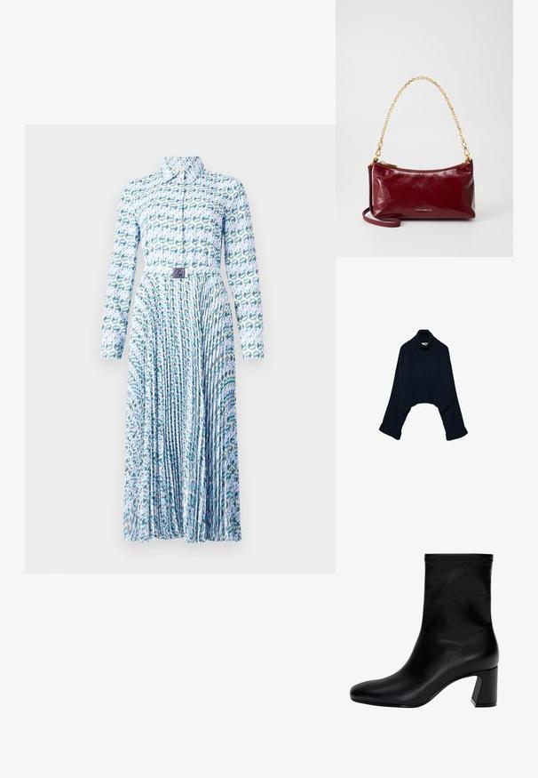 Maglione a collo alto ribbed navy con design cropped e maniche ampie, caratterizzato da un colletto arrotolato e polsini piegati. Texture morbida.; Tory Burch PRINTED DRESS - Abito a camicia - blue lucky duck; Stivaletto nero fino alla caviglia in pelle liscia. Presenta una punta quadrata, un bordo elastico e un tacco robusto per la stabilità. Design minimalista.; Borsa a tracolla in pelle borgogna con una texture liscia, tracolla in catena dorata e chiusura con zip. Logo impresso sul davanti. Design compatto.