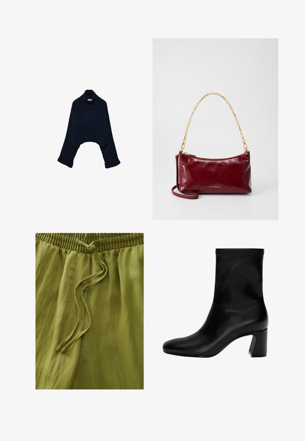 Marineblå ribbet turtleneck sweater med en cropped design og brede ærmer, med en rullet krave og foldede manchetter. Blød tekstur.; Olivengrønne bukser lavet af letvægtsstof. Har en elastisk talje og snoretræk. Glat tekstur med blød fald.; Sort ankelstøvle lavet af glat læder. Har en firkantet tå, elastisk kant og en kraftig hæl for stabilitet. Minimalistisk design.; Bordeaux læder håndtaske med en glat tekstur, guldkæde skulderrem og lynlåslukning. Præget logo på fronten. Kompakt design.