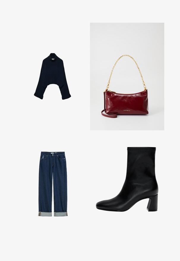 Mornarsko rebrasto rolka s krojenjem koje završava iznad struka i širokim rukavima, s preklopnim ovratnikom i podvijenim manžetama. Mekana tekstura.; Tamno plave traperice s ravnim nogavicama, preklopljenim rubovima, vidljivim šavovima i klasičnim dizajnom s pet džepova.; Crne gležnjače od glatke kože. Imaju kvadratni vrh, elastični gornji dio i masivnu petu za stabilnost. Minimalistički dizajn.; Burgundska kožnata torba s glatkom teksturom, zlatnim lančićem i zatvaranjem na zip. Urezani logo s prednje strane. Kompaktni dizajn.