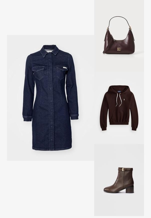 Brun hettegenser med frontlomme, hvite snorer og ribbestrikkede mansjetter. Med en liten hvit logo på brystet. Myk tekstur.; Jeanskjole i mørkeblå med lange ermer, krage, knappestolpe foran og to brystlommer. Har en figursydd silhuett og rett kant.; Brune lær ankle boot med rund tå, lav blokhæl og en dekorativ spænde rem ved anklen. Glat tekstur og elegant design.; Burgunderfarget lærhåndveske med en buet form, gullfarget detaljer på hardware og glidelås lukking. Har en avtagbar skulderrem.