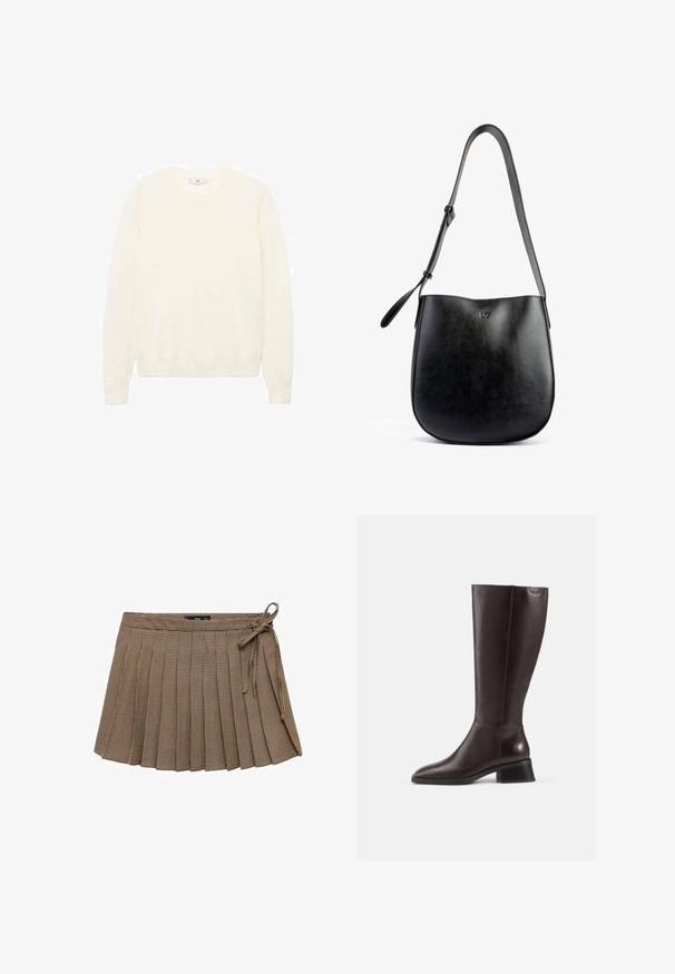 Maglione color crema con un classico collo rotondo, polsini e orlo a costine, e una texture morbida. Tessuto leggero con una finitura liscia.; Gonna a pieghe a scacchi marrone con vita elastica e dettaglio con laccetto laterale. Presenta una texture a motivo e una lunghezza corta.; Stivali in pelle marrone al ginocchio con finitura liscia, punta arrotondata e tacco nero impilato. Design semplice con dettagli hardware minimi.; Borsa a spalla in pelle nera con una texture liscia, forma curva, tracolla regolabile e un logo impresso in modo discreto sul davanti.