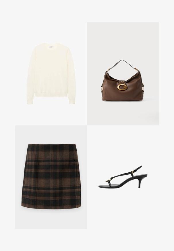 Maglione color crema con un classico collo rotondo, polsini e orlo a costine, e una texture morbida. Tessuto leggero con una finitura liscia.; Gonna mini a quadri nei toni marrone, nero e beige, realizzata in tessuto testurizzato, con un design aderente e cuciture laterali per la struttura.; Sandal con zeppa kitten nera in pelle, con sottili cinturini, fibbia dorata e una minimalista fascetta per le dita su sfondo bianco.; Borsa a mano in pelle marrone con una finitura testurizzata, dotata di un gancio in metallo dorato e di una singola tracolla curva.; Orecchini in metallo color oro con un design astratto ovale connesso, caratterizzati da una finitura lucida e dettagli a taglio aperto.