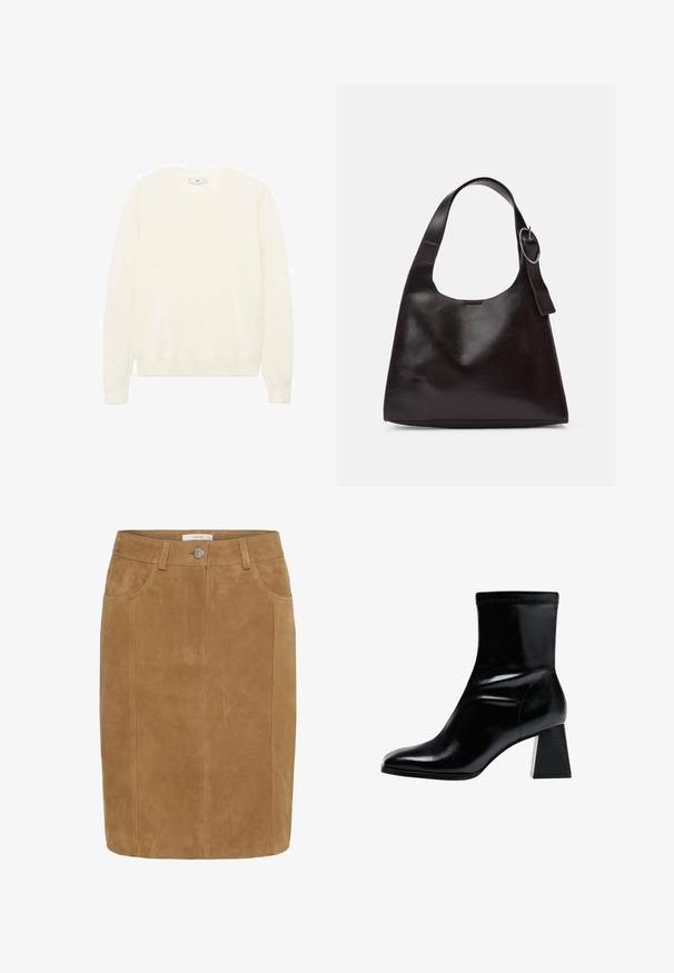 Cremfarbener Pullover mit klassischem Rundhalsausschnitt, gerippten Säumen und einem weichen Touch. Leichter Stoff mit glatter Oberfläche.; Brauer Wildleder-Bleistiftrock mit glatter Textur, seitlichen Taschen, Knopfverschluss und vertikalen Nahtdetails.; Schwarze Knöchelstiefel aus glattem Leder. Besitzen einen Blockabsatz mit einem strukturierten, gerippten Muster und einem schlanken, spitz zulaufenden Zehendesign.; Braune Lederumhängetasche mit glatter Textur, runder Form, breitem Tragegurt und metallischem, kreisförmigem Akzent am Griff.