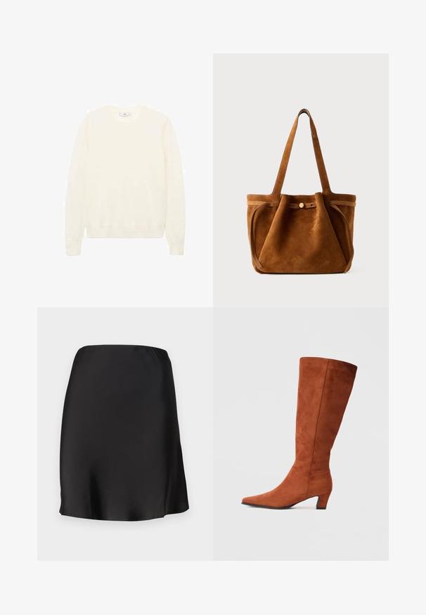 Kremna pulover s klasičnim okroglim izrezom, rebrastimi manšetami in robom ter mehkimi teksturami. Lahka tkanina z gladkim zaključkom.; Črna satenska mini krilo z elastičnim pasom, gladka tekstura in preprost kroj. Brez vzorcev ali dodatkov.; Rjavi suede škornji do kolen s koničastim nosom in majhno blok peto, ki se ponašajo z gladko teksturo in minimalističnim dizajnom.; Rjava nubuk torba za ramena z dvema ročajema, z loputo na gumb in sproščenim, rahlo ohlapnim oblikovanjem.